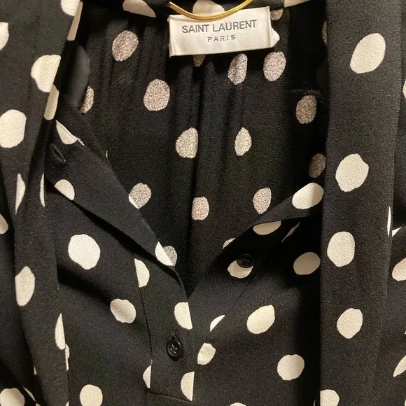 Saint Laurent Tie Neck Black & White Polka Dot Mini Dress - Picture 6 of 10